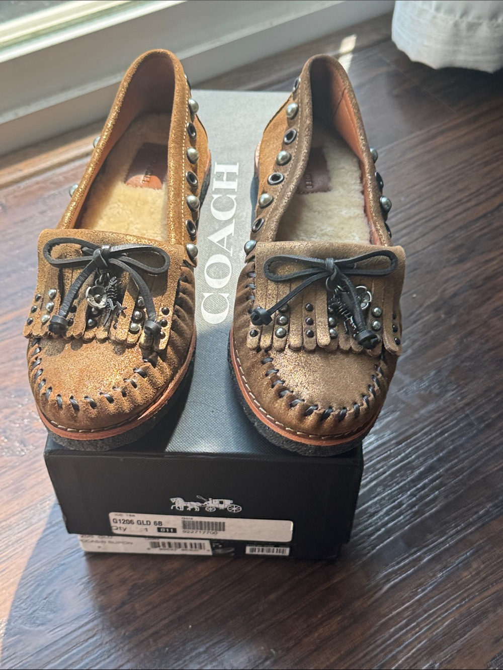 Coach Brown Suede Fringe Studded Moccasins